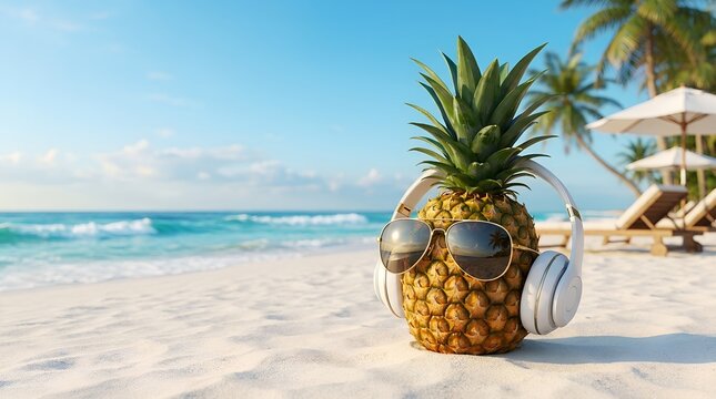 A pineapple wearing sunglasses and headphones rests on a tropical beach scene