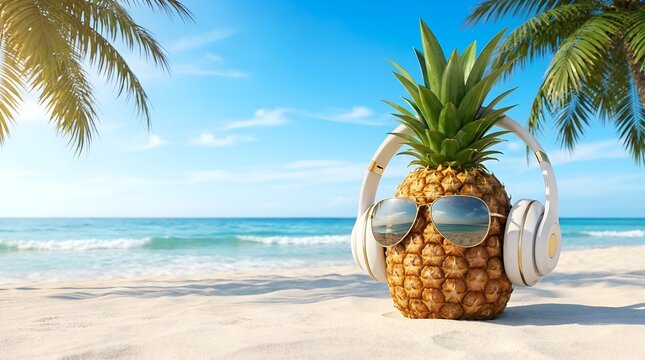 A pineapple with sunglasses and headphones rests on a sandy beach under palm trees