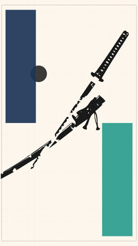 Samurai katana (nihonto) slices diagonally a minimalist flat vector scene with navy and teal geometric blocks. The cutout foreground highlights the sword guard, wrapped handle, and sheath in