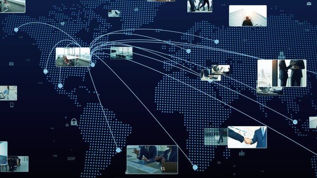 World map and business scenes. Global, network, economy, politics, finance, corporations, management, transactions, trade, trading companies.