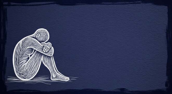 Chalk drawing of a person in fetal position on a textured dark blue background, symbolizing loneliness, sadness, and contemplation, with free space for text.