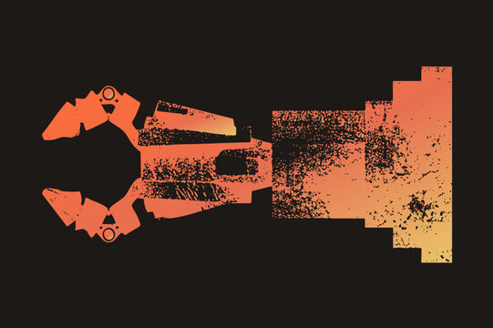 Industrial claw, a heavy duty grabber arm also called a crane bucket or snatcher, erodes into rough pixel blocks in an orange gradient. Distressed halftone gives this mechanical mascot a decay