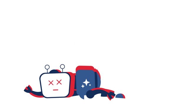 artificial intelligence crash or system failure animation, broken ai assistant with 404 error animated video, technology failure and human concern motion graphics