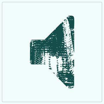 Weathered loudspeaker, hooter and squawk box glyph in distressed teal stamp texture. Grungy shows heavy ink wear and speckled erosion its silhouette.