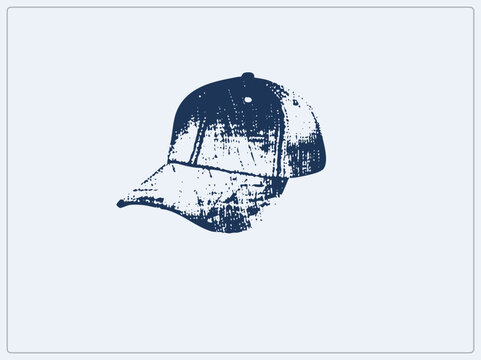 Weathered snapback in gritty stencil texture, this trucker hat silhouette shows rough halftone wear. The vintage ball cap suits retro streetwear and workwear branding with its navy ink lo