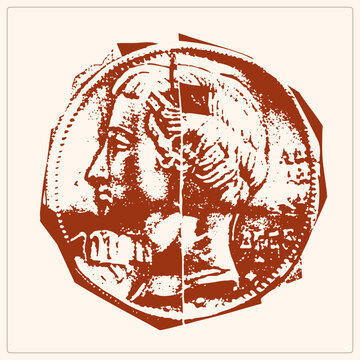 Weathered ancient Roman denarius imprint in distressed terracotta ink, showing a classical emperor profile facing left. Grunge stencil texture gives the numismatic relic a raw, halftone rubbed vintage