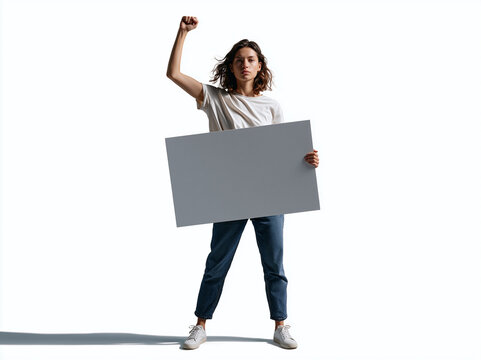 Young woman standing with raised fist holding blank sign wearing casual white t shirt and jeans isolated white background concept of protest activism empowerment determination and social movement