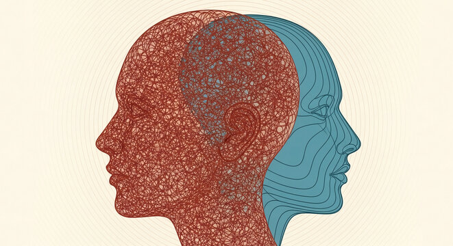 Abstract illustration of two profile head outlines, one with a red wireframe, the other blue, symbolizing mind, thought, and connection