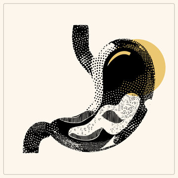 Vintage halftone gizzard graphic with esophagus and duodenum in distressed engraved style. Black ink on transparent background, medical digestion art with mustard yellow circle.
