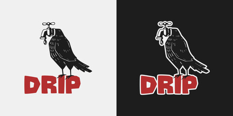 Obraz premium Vintage Line Art Illustration of Bird with Water Tap Head.