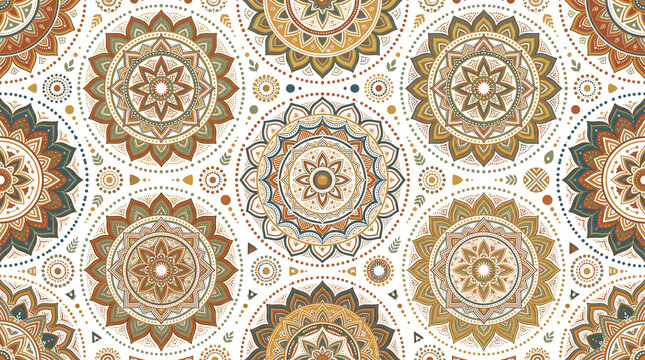 Bohemian mandala pattern wallpaper, ethnic geometric floral ornament background, earthy terracotta and sage green textile design