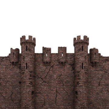 Isolated medieval castle wall section with aged red brick masonry, deep cracks, four crenellated guard towers, on a transparent studio background. Concept of historical authenticity