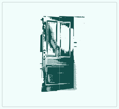 "Weathered old doorway, grunge halftone stencil style ajar portal with rough ink texture, vintage rustic entryway, distressed edges, dotted shading in deep teal."