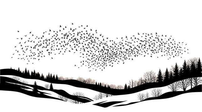 Minimalist black and white winter landscape, flock of birds flying over snowy hills, silhouette of forest trees and nature