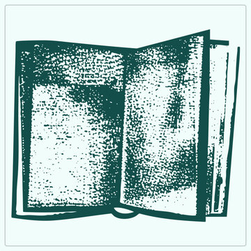 Vintage tome spread wide, rendered as a dark green distressed linocut stamp with textured pages and spine.