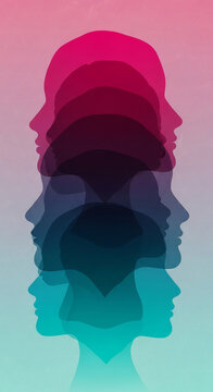 Layered silhouette of human profiles in gradient colors, symbolizing connection, diversity, and shared humanity, perfect for conceptual themes.