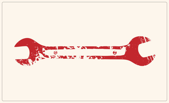 Distressed red spanner shown, a classic wrench tool in grunge stencil style. Worn rubber mallet texture gives this mechanic hand tool a rugged vintage workshop character.