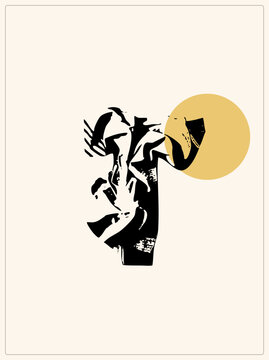 Black stencil cutout of a coffee lover sipping from a mug, a joe sipper rendered in grunge brush strokes beside a warm sun disc. Boho flat graphic with negative space art feel.