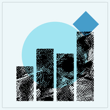 Distressed bar chart with halftone stipple bars and diamond marker showing growth trend. This grungy column graph infographic rises against a flat blue circle backdrop.