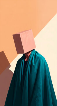 Stylized figure with a cubical head and teal cloak against a minimalist peach and cream background, representing anonymity, mystery, and abstract art concepts