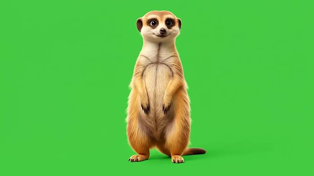 3D cartoon meerkat in playful stretching pose on solid green background