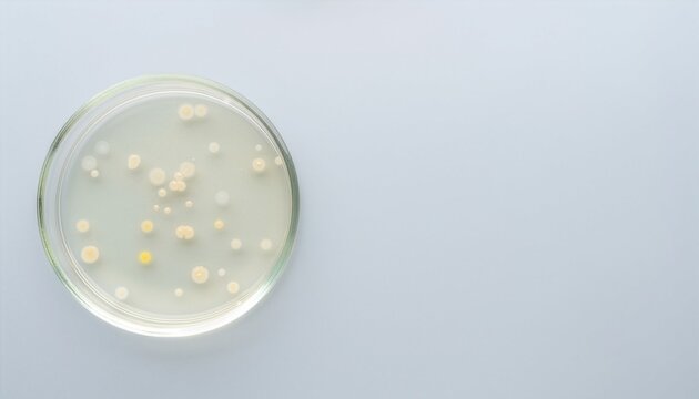 Microbial colonies growing on agar in a Petri dish with copy space