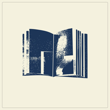 Weathered open book in grunge navy blue, its textured pages showing speckled ink detail. This old tome evokes classic letterpress printing and nostalgic library charm.