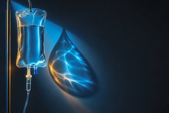 Intravenous drip bag with clear saline solution and water droplet shadow