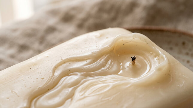 Close up of ivory wax surface with melted texture and candle wick