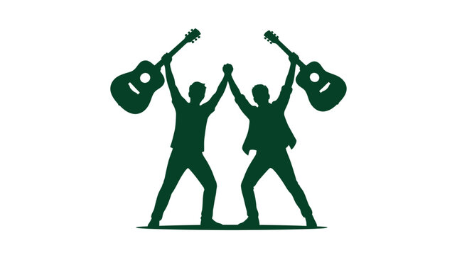Musician Duo Silhouette Celebrating with Acoustic Guitars Held High in Victory Illustration