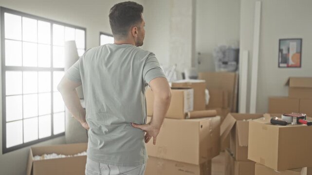 Man with hands on hips surveys stacked cardboard boxes and packing tape near window in a cluttered building during relocation; quiet contemplation.