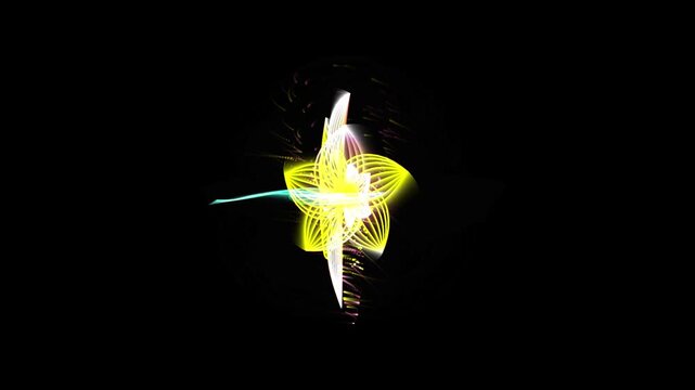 Beautiful glowing neon flower spirograph spinning on a black background abstract motion graphic