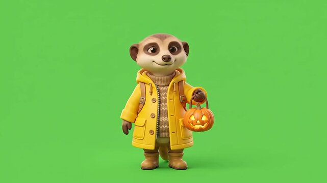 Cute 3D meerkat wearing yellow raincoat waving with Halloween pumpkin on green background