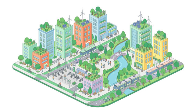 Sustainable green city isometric illustration with renewable energy and eco friendly urban infrastructure
