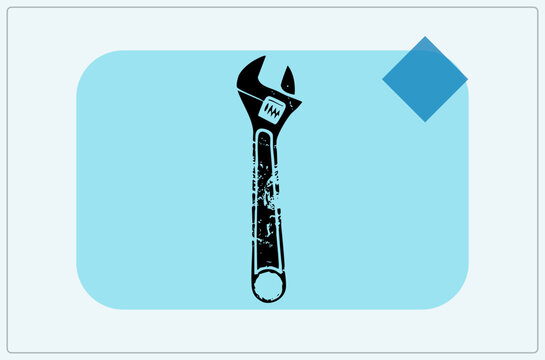 Grunge stencil silhouette of a distressed (adjustable/spanner/monkey wrench) with worn texture, a handyman or repair tool symbol.