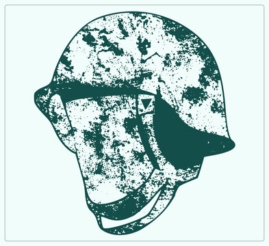 "A battle helmet in grunge stencil style, this tin hat features heavy distressed speckle texture on its dome and chin strap. The army headgear silhouette suits military themes and rugged apparel graph