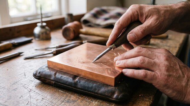 Engraver hand carving intricate details on a copper plate using a sharp tool in a traditional workshop representing artisanal craftsmanship and metalworking skills