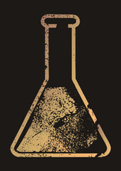 Naklejka premium Distressed Erlenmeyer flask graphic in grunge stencil style. Faded gold gradient with speckled texture gives the glassware a worn vintage feel.