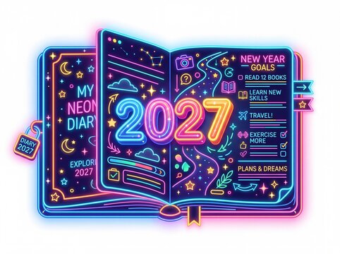 Neon Glowing 2027 New Year Resolution Journal With Colorful Doodles And Planning Goals Concept Art