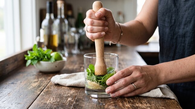 Woman preparing a mojito cocktail by muddling fresh mint and brown sugar in a glass on a rustic wooden kitchen counter