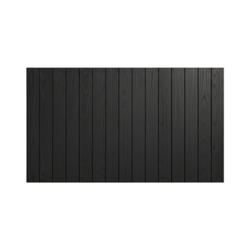 Close-up studio shot of a dark ebony wood slat wall panel with rich vertical grain, subtle weathering, isolated on white background, modern rustic design concept