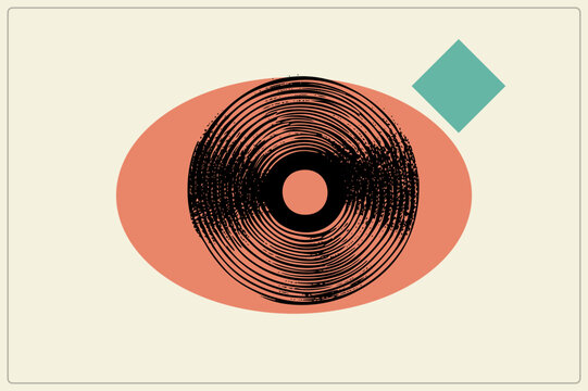 Grunge vinyl LP spins over a ellipse, grooves radiating from the spindle. Also called a record, platter, or accented by a teal diamond in mid century style.