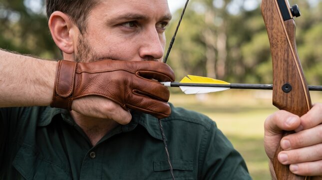Close-up of a young Caucasian man aiming with a traditional wooden bow and arrow, wearing a leather archery glove outdoor in a park, concept of focus, precision, and sport