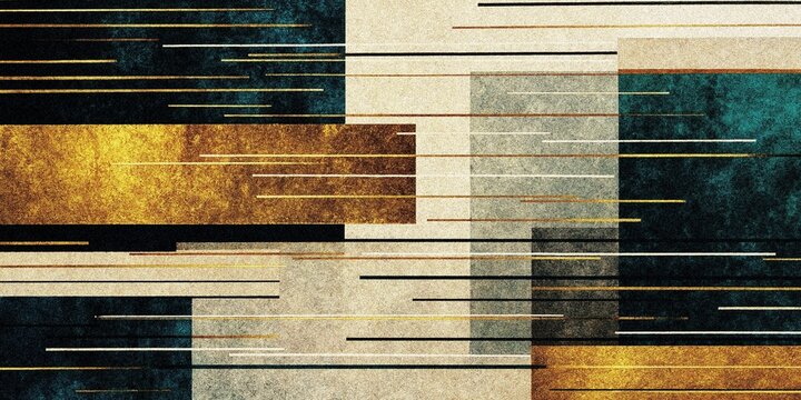 Abstract geometric background with gold and teal rectangles and horizontal motion lines.
