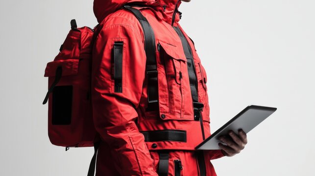 Person in Red Utility Jacket with Backpack Holding Tablet
