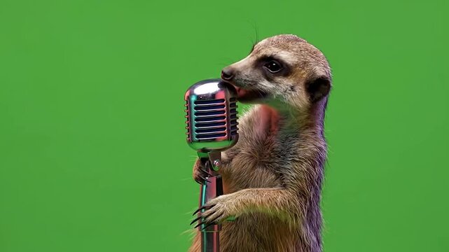 Meerkat singing into vintage chrome microphone.