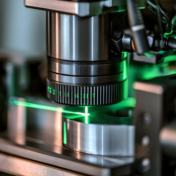 Close-up macro shot of laser marking machine engraving serial number on metal part with precise green laser beam, industrial automation technology