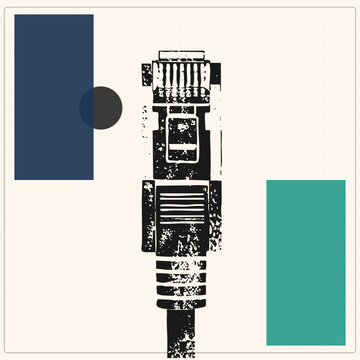 Distressed RJ45 network plug, the classic ethernet jack also called a cat5 or LAN connector, in gritty stencil style. Black speckled ink texture gives this patch cord end a raw handmade screen print f