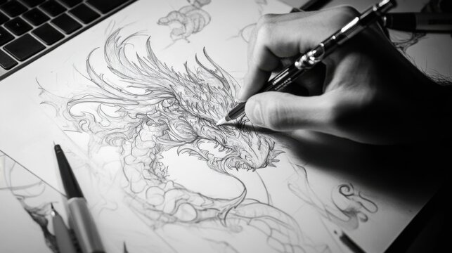 Artist Drawing Intricate Dragon Illustration on Paper