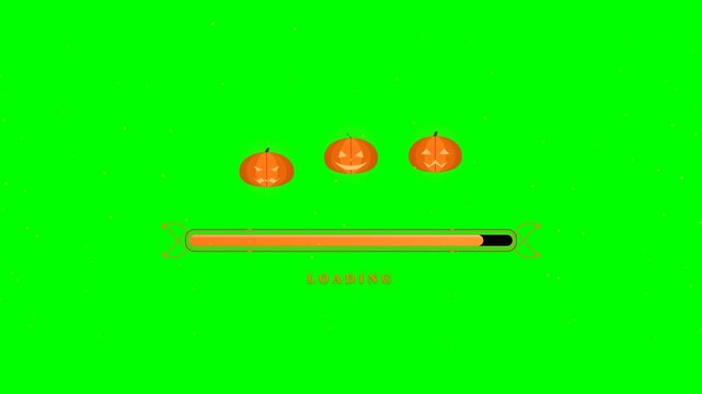 Three spooky carved orange vegetables hover above a long horizontal bar indicating that the system is currently processing the holiday data during the festive autumn season for every online user